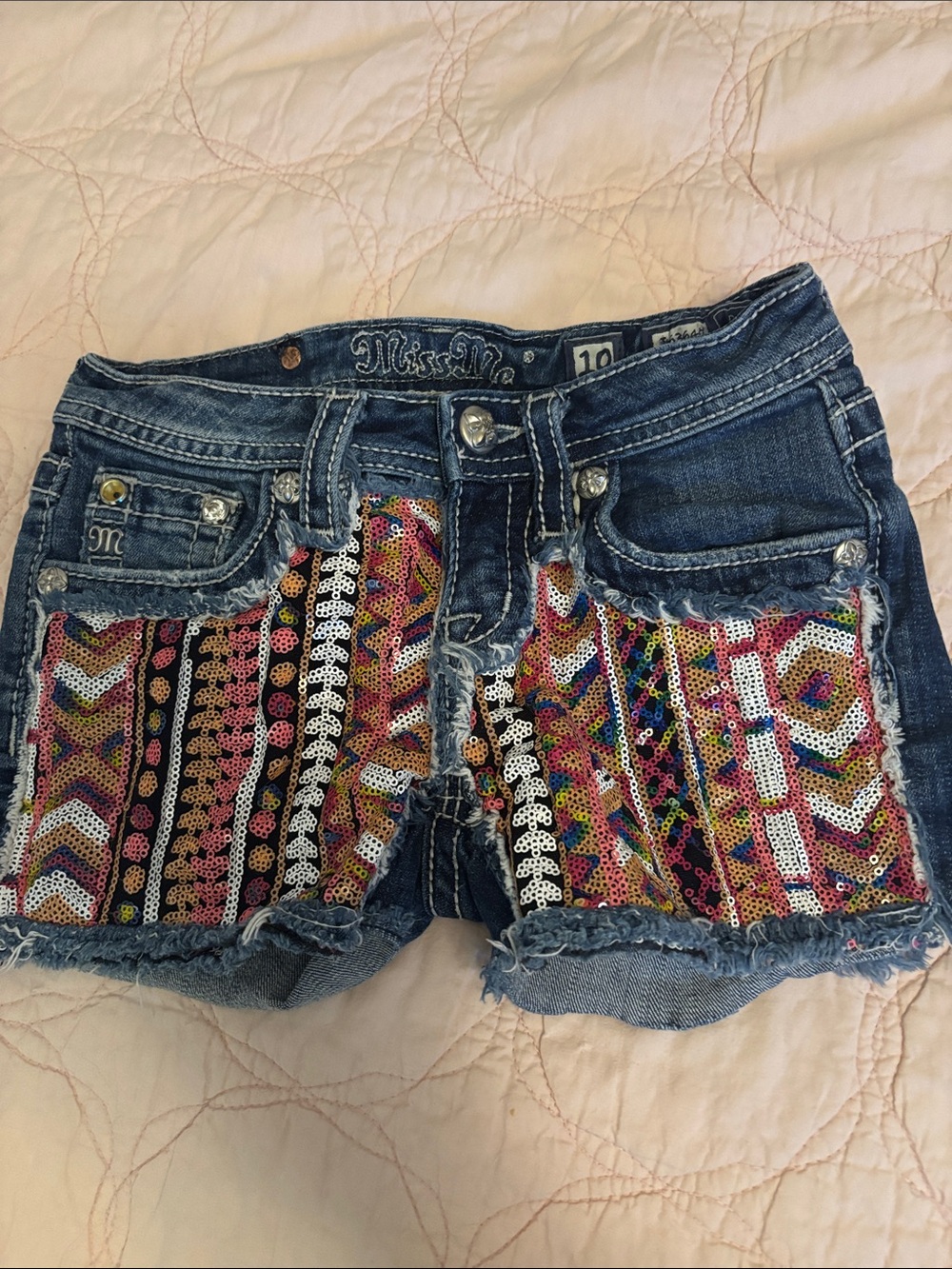 Girls sequin trim denim Miss Me Shorts,10